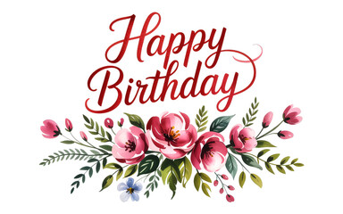 Red watercolor script 'Happy Birthday' text Below a pink blue green floral bouquet White background
