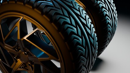 Three aligned car wheels with golden metallic rims in spotlight