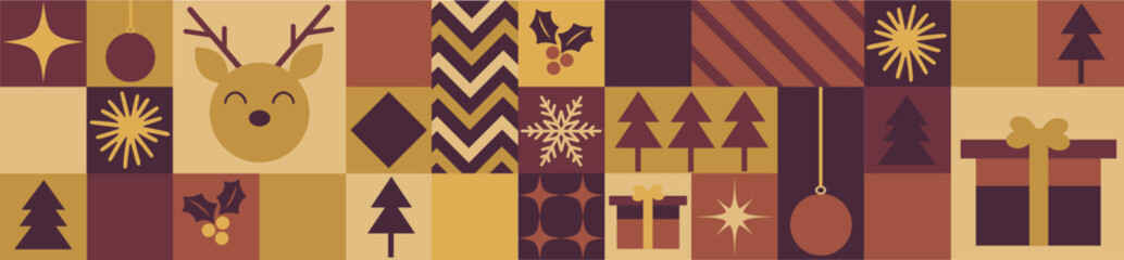 Retro Bauhaus Christmas Horizontal Banner with Geometric Holiday Icons in Warm Brown and Gold