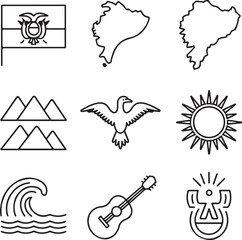 Naklejka premium Ecuador Identity and Culture Vector Icons Collection Flag, Map, Condor, Andes, Sun, Waves, Guitar, and National Symbols Line Art