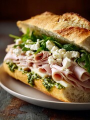 Close-up of a Fresh and Delicious Ham and Cheese Sandwich. The cross-section reveals layers of thinly sliced ham, green pesto, fresh arugula, and crumbled feta cheese. 

