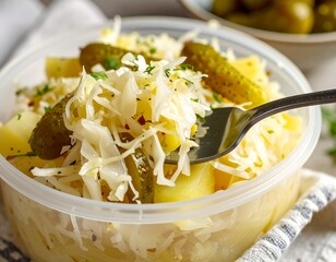 A forkful of potato salad with sauerkraut, pickles, and cheese