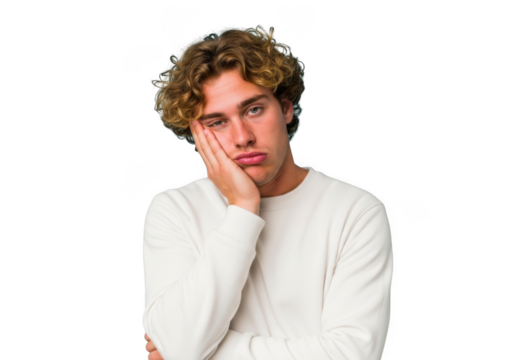 Bored young man with curly hair leaning on hand looking unhappy, frustrated, and tired stock photo isolated on transparent background - Powered by Adobe