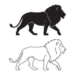 Clean Lion Silhouette & Lion Lineart – Lion Vector Composition with Simplified Shape – Lion Illustration – Silhouette and Lineart Set of Lion