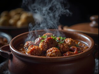 Top view of beef stew in red wine sauce with braised beef copy space Braised meat in cast iron pan	