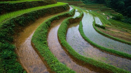 In a vibrant terraced landscape, water-filled fields glisten under soft sunlight as farmers cultivate rice, reflecting traditional agricultural practices at this serene location.
