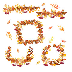 Set of autumn wreaths and garlands made of colorful leaves and berries on a transparent background. Watercolor drawing.