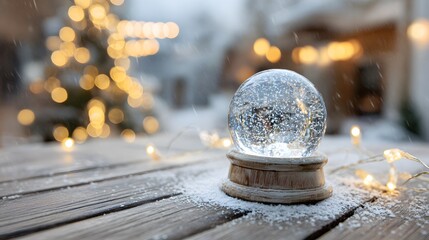 A snow globe placed on a wooden table outdoors, surrounded by fresh snow and fairy lights, blurred winter scene in the background