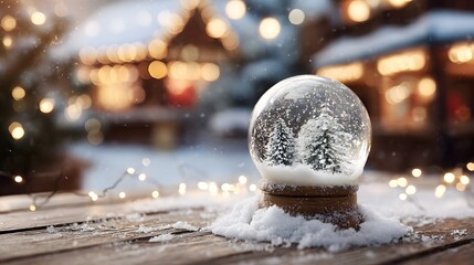 A snow globe placed on a wooden table outdoors, surrounded by fresh snow and fairy lights, blurred winter scene in the background