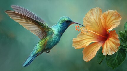 Obraz premium A vivid hummingbird hovers near a bright orange hibiscus flower, extracting nectar while surrounded by greenery in a sunny garden. The moment captures the essence of natures beauty.