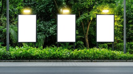 Blank billboards illuminated at night by lush greenery