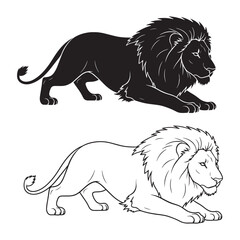 Minimal Lion Silhouette & Lion Lineart – Lion Vector Artwork with Simplified Structure – Lion Illustration – Silhouette and Lineart Set of Lion