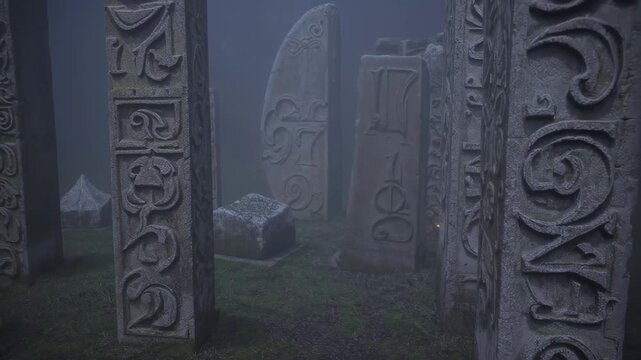 Weathered stone markers bearing cryptic inscriptions emerging through misty shadows, softly glimmering beside candlelight, revealing mysterious historical landscape