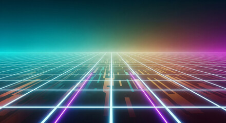Retro-futuristic 3D background with a glowing crystal grid. Iridescent teal and amber-brown gradient with a synthwave. Abstract 80s style digital technology banner design