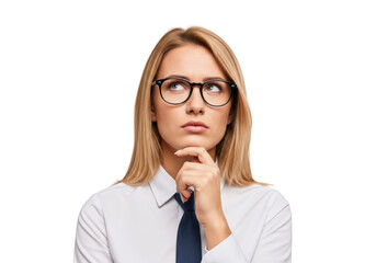 Thoughtful blonde woman wearing glasses looking upward pondering problem solving isolated on transparent background