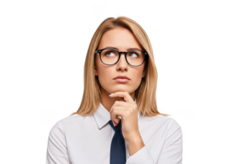 Thoughtful blonde woman wearing glasses looking upward pondering problem solving isolated on transparent background