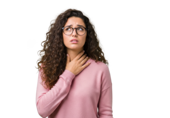Worried young woman with sore throat, touching neck, suffering from pain, illness, disease, health issue and wearing glasses isolated on transparent background