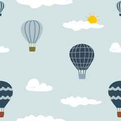 Hot Air Balloon Seamless Pattern with Sky and Cloud Elements