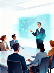 Corporate Officer Presenting Holographic Data in Boardroom