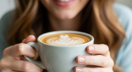 Young caucasian female enjoying latte with artful foam design in blue cup