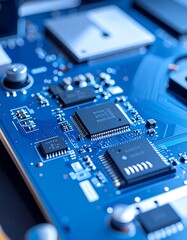 Close-up of a blue circuit board with numerous integrated chips