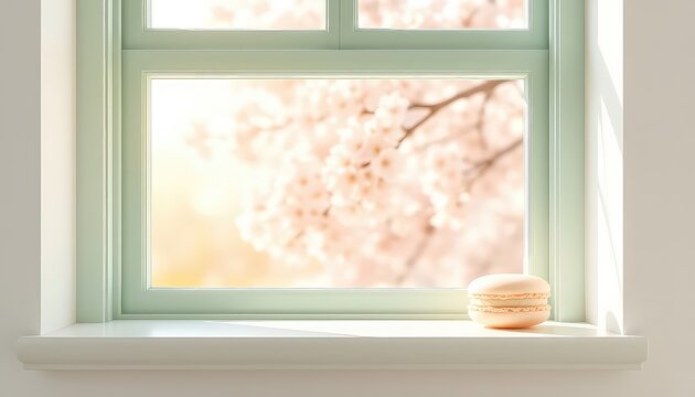 Pastel window frame with blurred springtime blossom outside and a small cream colored macaron on the windowsill