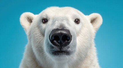 A polar bear stares directly at the viewer with inquisitive eyes, its thick white fur contrasted sharply against a vibrant blue background, capturing the essence of wildlife.