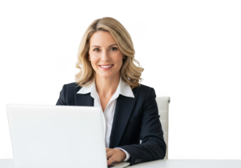 Professional blonde businesswoman working on laptop computer at desk smiling confidently stock photo isolated on transparent background