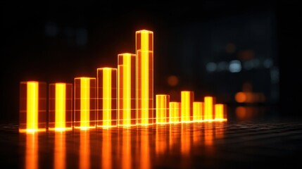 A vibrant orange bar graph shows various data trends with glowing bars against a dark background. The visualization symbolizes growth and statistics, creating a dynamic effect.