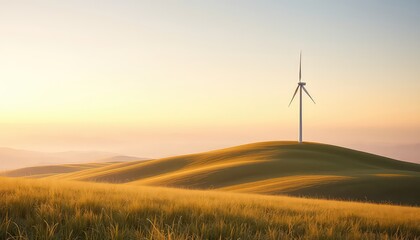 Obraz premium Wind turbine standing tall on a rolling field covered with golden grass at sunset with a soft, warm glow