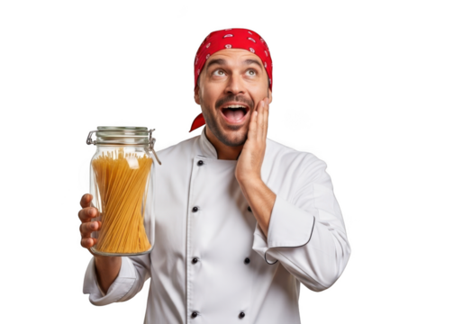 Excited chef holding pasta jar looking upward food professional culinary expert isolated on transparent background