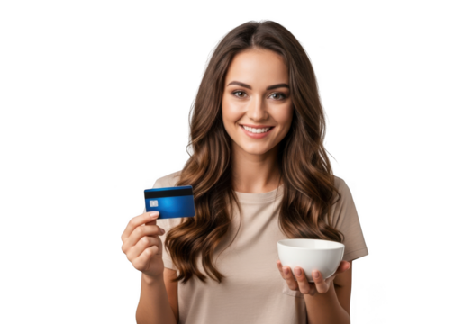 Smiling woman holding credit card and bowl, online shopping, e-commerce, finance, payment, banking, isolated on transparent background