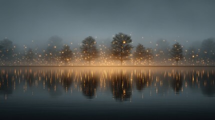 Naklejka premium Tranquil Misty Landscape with Trees and Sparkling Reflections on Water Surface in a Serene and Dreamlike Evening Atmosphere