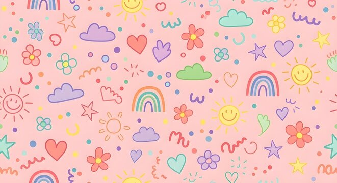 A seamless, whimsical pattern featuring a collection of funky, hand-drawn childish doodles against a soft pink background. The playful motifs have a distinctly girly and cheerful charm. - Powered by Adobe