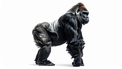 Fototapeta premium Gorilla with muscular body dark black fur broad chest strong arms and intelligent wild primate stance animal isolated on white background 