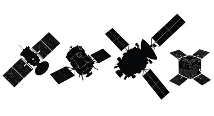 Collection of diverse satellite silhouettes representing space exploration and communication technology vector