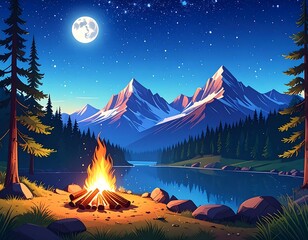 Night campfire by a lake at the foot of mountains