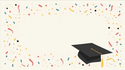 A festive background featuring scattered confetti in diverse colors around a black graduation cap with a yellow tassel, ideal for graduation announcements or cards.