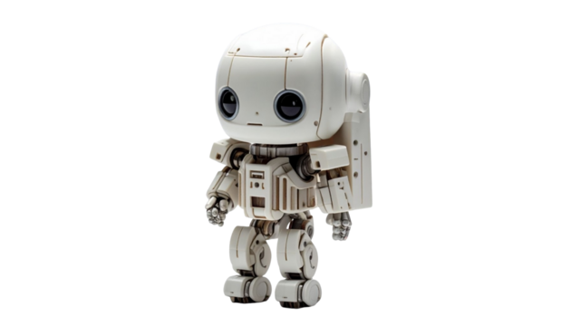 A charming white robot standing with a detailed mechanical design. This robotic figure is a blend of technology and cuteness, evoking a sense of wonder and future