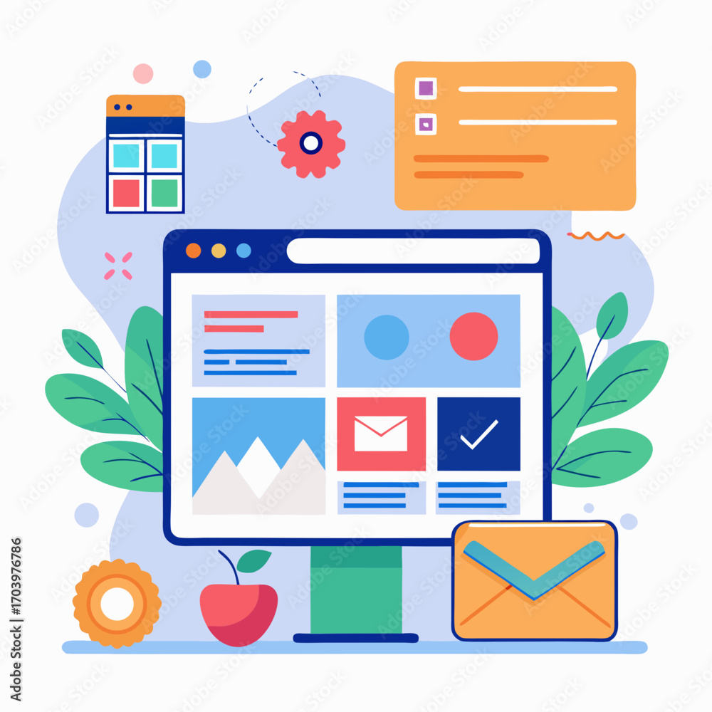 Wall mural website design with computer screen and various icons