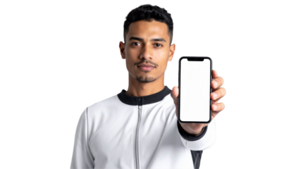 A man holding a smartphone in his hand with blank screen. A man stands with the phone in his outstretched hand towards the viewer, ready to present something
