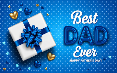 White gift box blue ribbon bow on blue polka dot background Scattered hearts Father's Day greeting