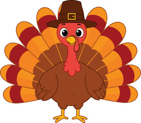 Cute Thanksgiving cartoon turkey with big eyes and pilgrim hat, colorful tail feathers, perfect for autumn holiday and festive design.