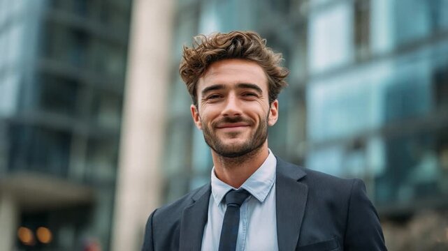 Confident Professional in Business District: A handsome and composed businessman stands proudly against a blurred backdrop of a modern, glass-clad building.