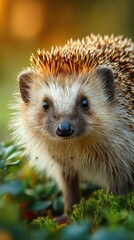Fototapeta premium Curious hedgehog exploring a lush garden during the golden hour of sunset in a peaceful natural setting