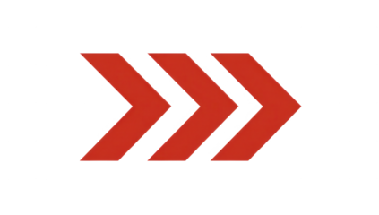 High quality photo of three red chevron arrows pointing right isolated on transparent background.