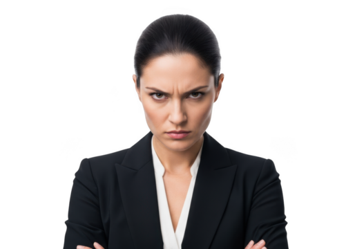 Stern businesswoman serious expression angry boss executive female professional isolated on transparent background
