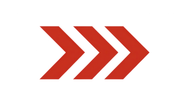 High quality photo of three red chevron arrows pointing right isolated on transparent background.