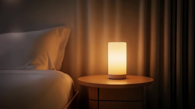 Warm luminescence radiating softly from sleek led night lamp, casting gentle glow across tranquil bedroom interior with minimalist bedside table design