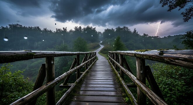 Wooden Bridge in a Stormy Landscape.